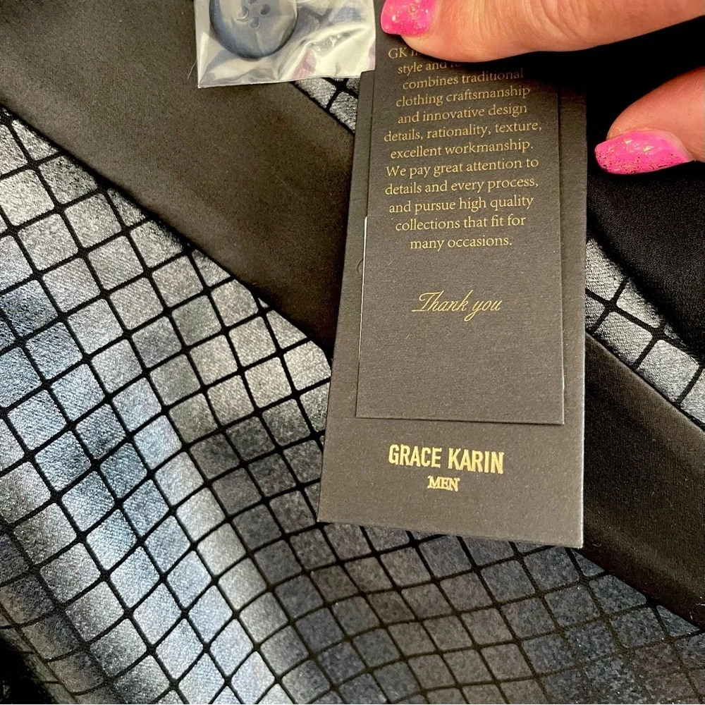 Men's Metallic Charcoal Gray Check Blazer - Tuxedo Jacket with Black Trim!